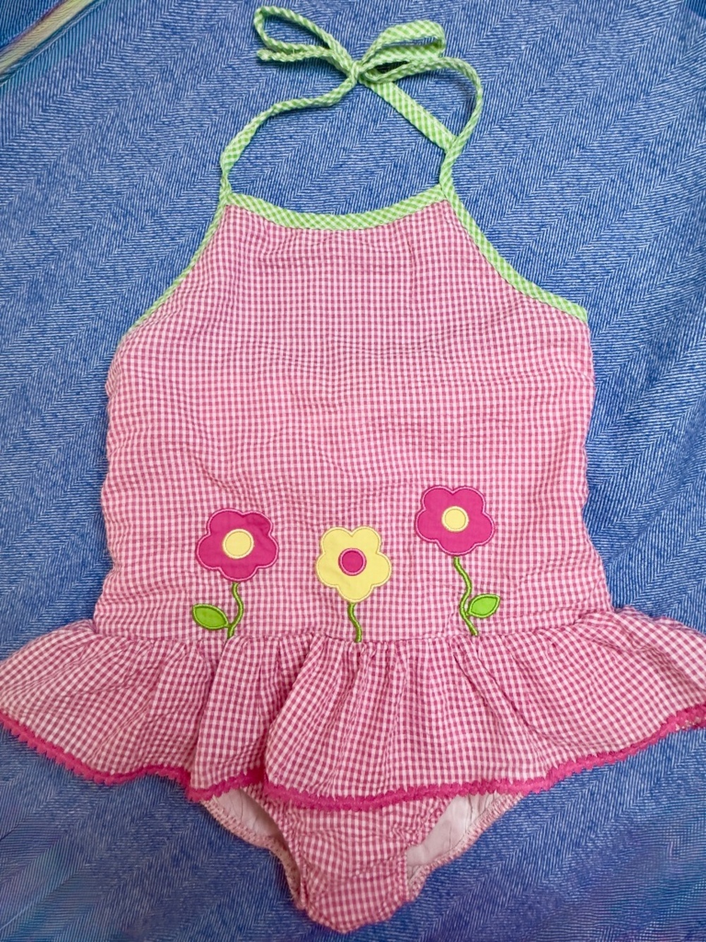Classic Whimsey Pink Gingham Flower Appliqué Ruffle One-Piece Swimsuit Size 10